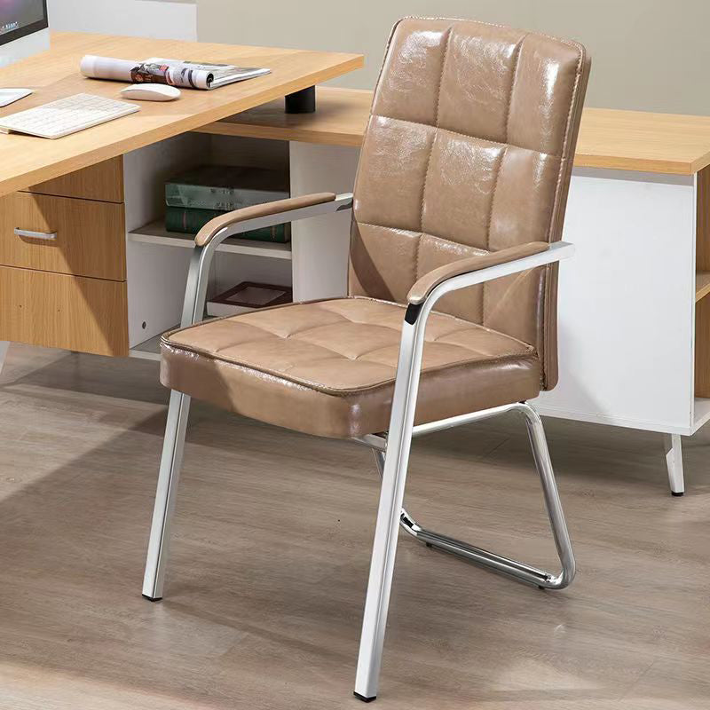 Modern Fixed Arms Leather Chair No Wheels Mid-Back Office Chair