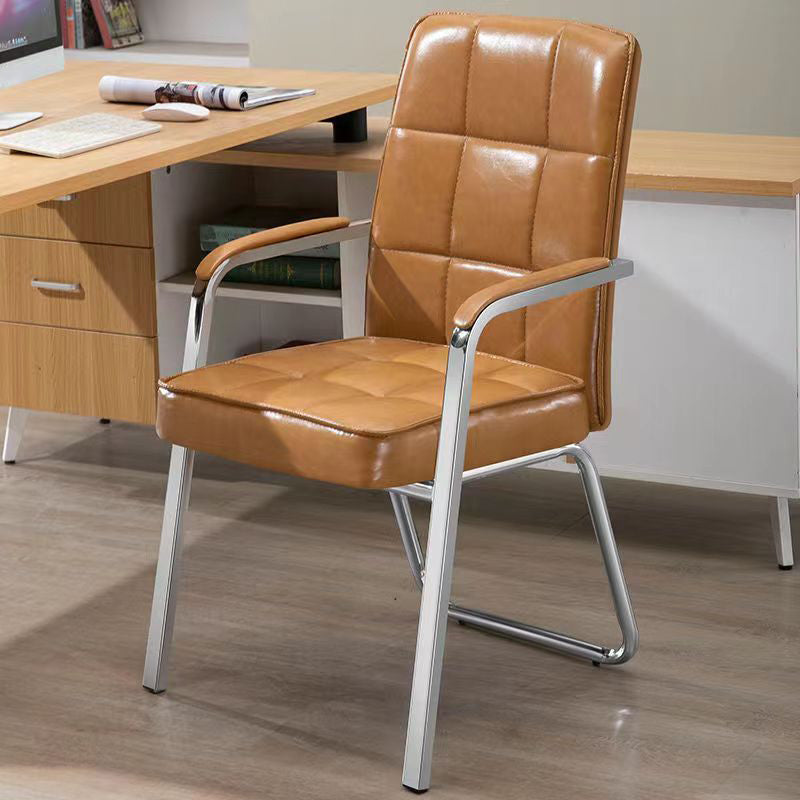 Modern Fixed Arms Leather Chair No Wheels Mid-Back Office Chair