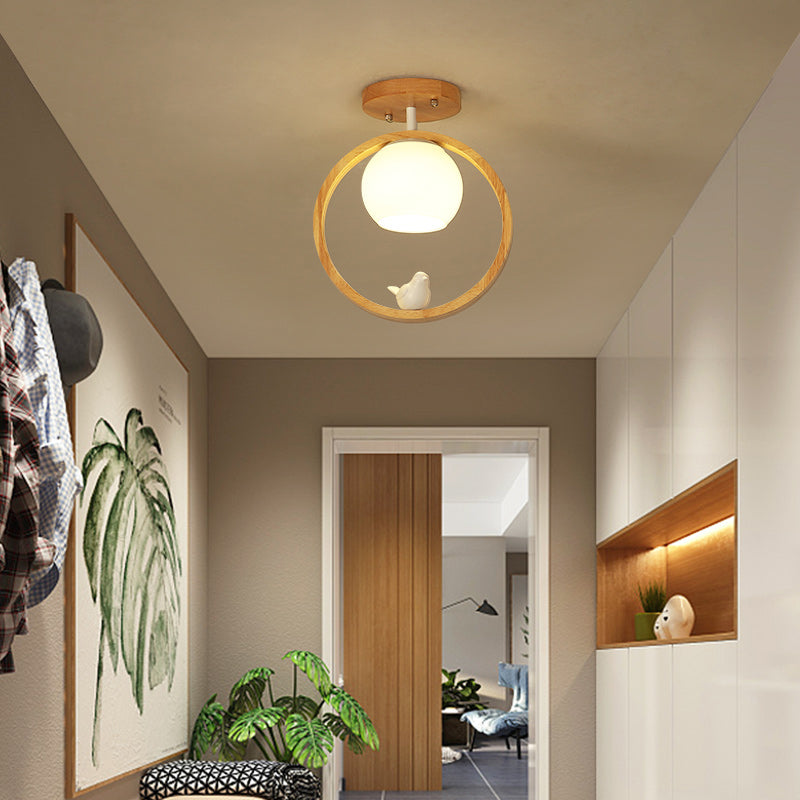 Wood Round Shade Flush Ceiling Light Modern Style 1 Light Flush Mount Fixture in Brown