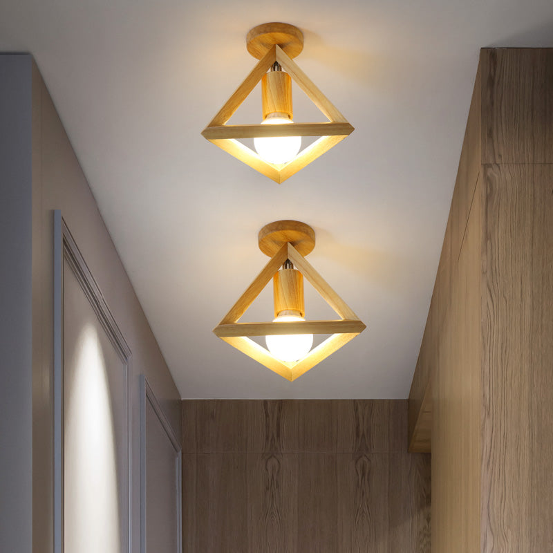 Wood Geometric Shade Flush Ceiling Light Modern Style 1 Light Flush Mount Fixture in Brown