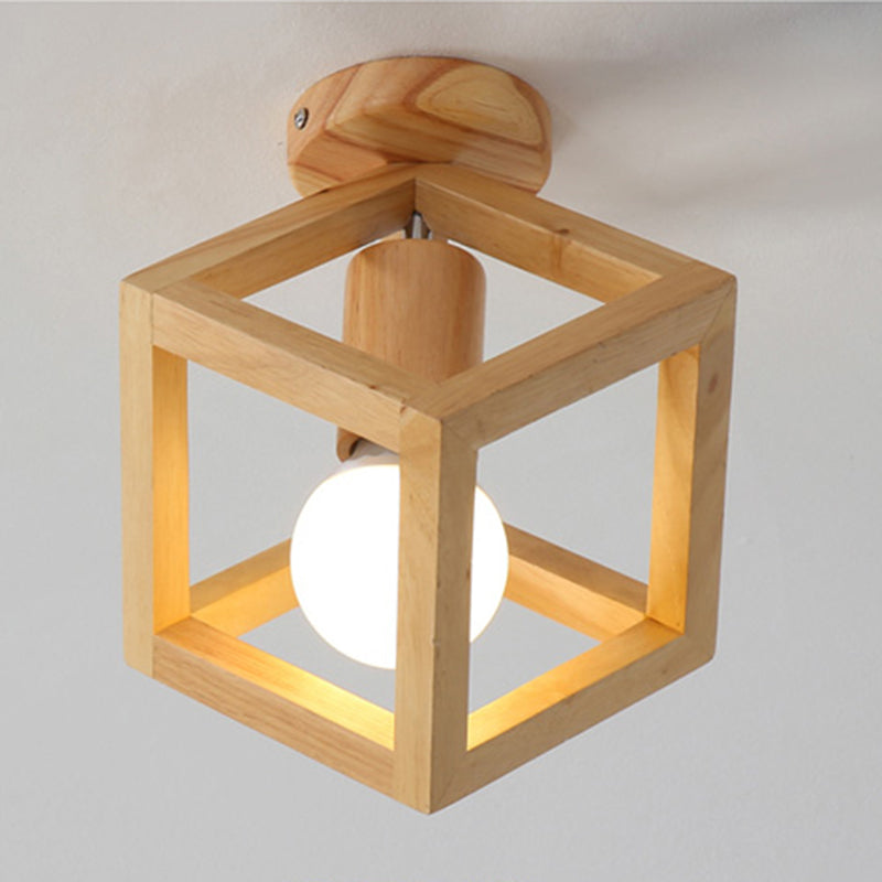 Wood Geometric Shade Flush Ceiling Light Modern Style 1 Light Flush Mount Fixture in Brown