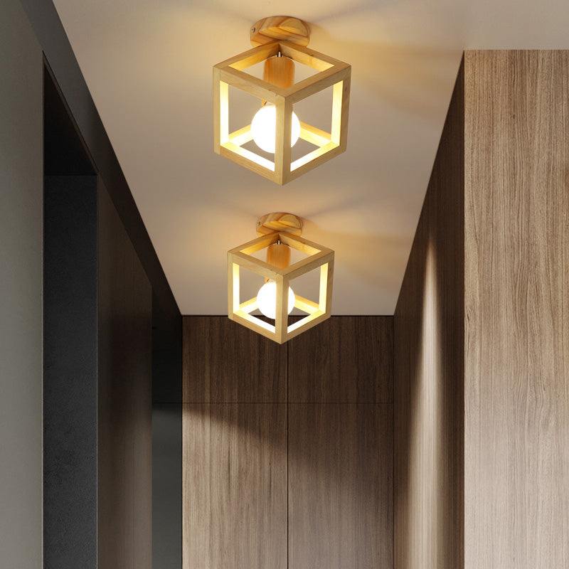 Wood Geometric Shade Flush Ceiling Light Modern Style 1 Light Flush Mount Fixture in Brown