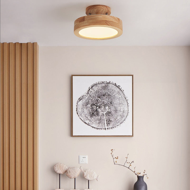 Wood Round Flush Ceiling Light Modern Style 1 Light Flush Mount Fixture in Brown