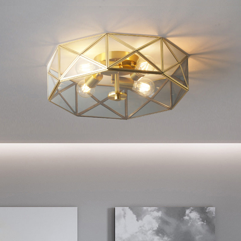 Glass Gold Ceiling Lamp Drum Shape Simplistic Flush Ceiling Light Fixture