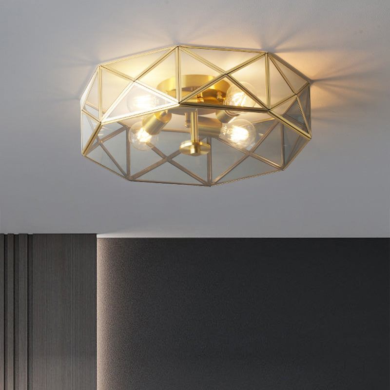 Glass Gold Ceiling Lamp Drum Shape Simplistic Flush Ceiling Light Fixture