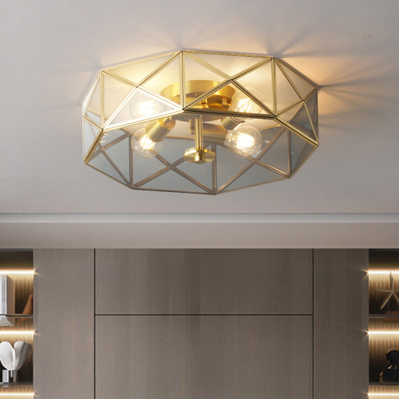 Glass Gold Ceiling Lamp Drum Shape Simplistic Flush Ceiling Light Fixture