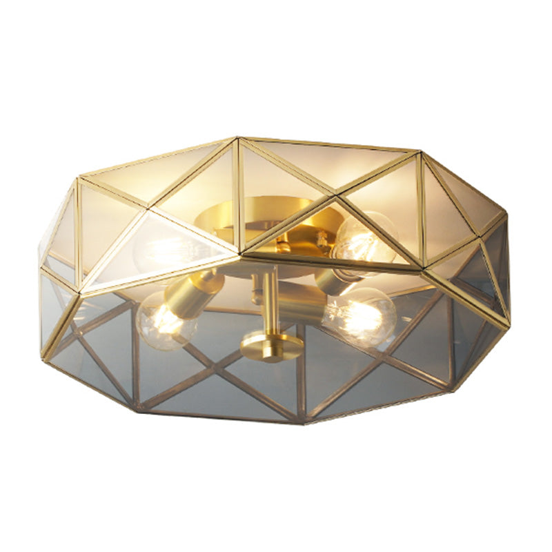 Glass Gold Ceiling Lamp Drum Shape Simplistic Flush Ceiling Light Fixture