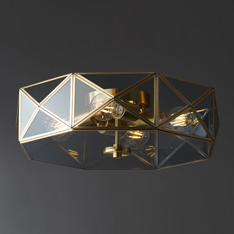 Glass Gold Ceiling Lamp Drum Shape Simplistic Flush Ceiling Light Fixture