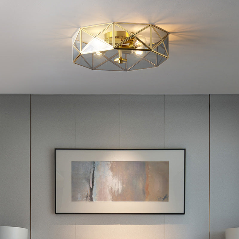 Glass Gold Ceiling Lamp Drum Shape Simplistic Flush Ceiling Light Fixture