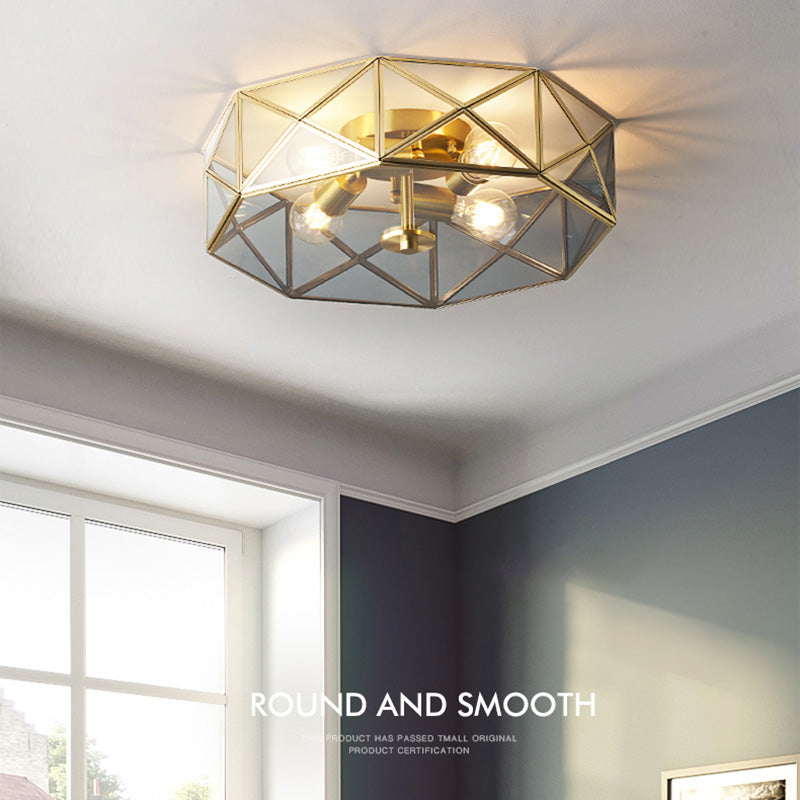 Glass Gold Ceiling Lamp Drum Shape Simplistic Flush Ceiling Light Fixture