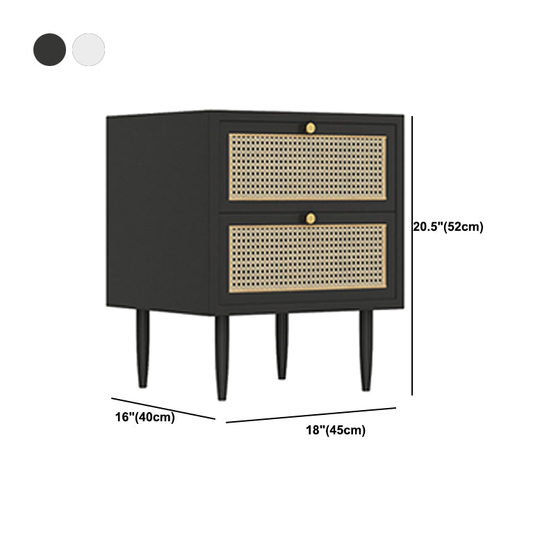 Wicker & Rattan Modern Night Table Solid Wood 2-Drawer Storage Nightstand in Black/White