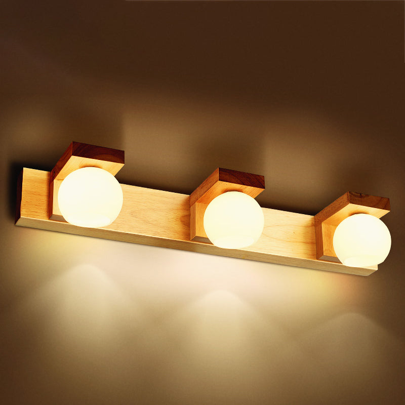 Wood Round Shade Wall Sconce Modern Style Multi-Lights Mirror Light Fixture in Brown