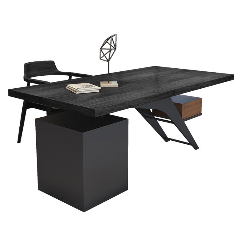 Black Writing Desk Modern Style Solid Wood Top Metal Legs with Drawers