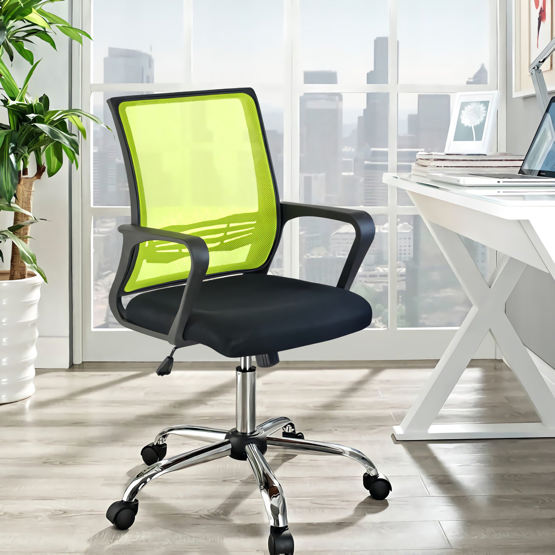 Contemporary Arm Chair Green Fixed Arms Adjustable Lumbar Support Office Chair