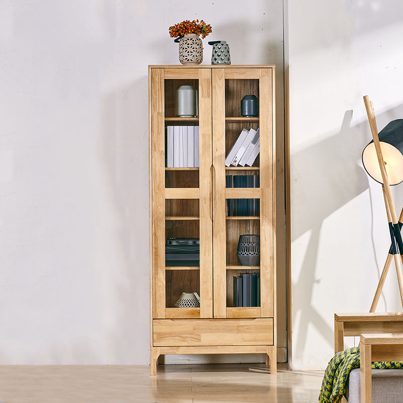 Oak Modern Storage Cabinet Glass Doors Display Cabinet with Drawer for Living Room