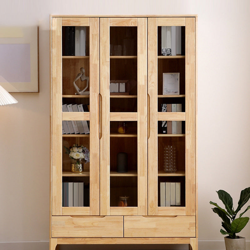 Oak Modern Storage Cabinet Glass Doors Display Cabinet with Drawer for Living Room