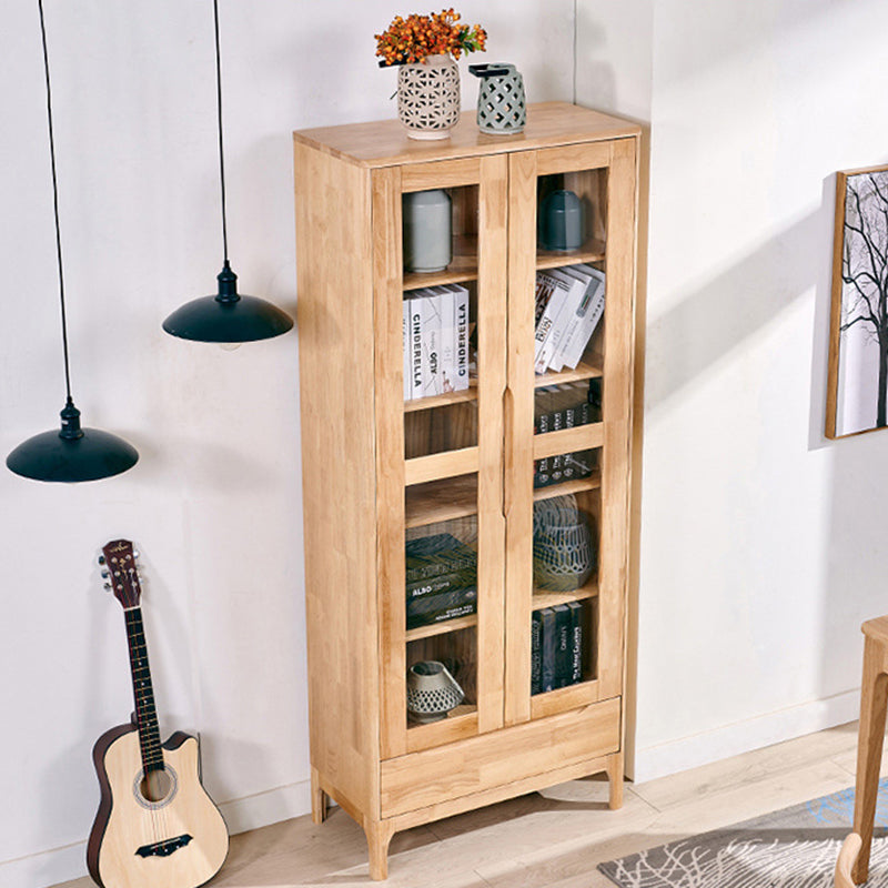 Oak Modern Storage Cabinet Glass Doors Display Cabinet with Drawer for Living Room