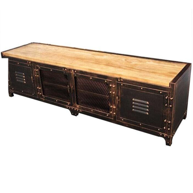 Industrial Iron & Pine Wood TV Stand for TVs 19.69" H 4 Doors TV Console