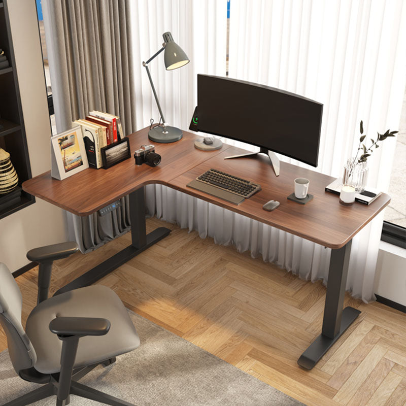 Contemporary Wooden Writing Desk Adjustable L-Shape Laptop Table in Brown