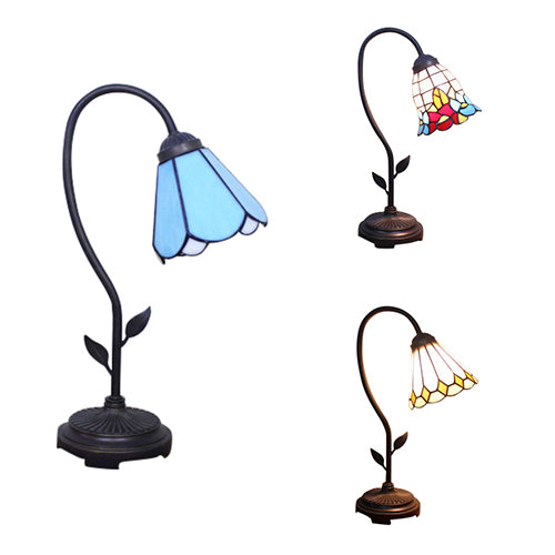 Blue/Red/Yellow Cone/Bell Shade Table Lamp Tiffany Stylish 1 Light Stainless Glass Table Lighting with Curved Arm