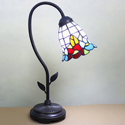 Blue/Red/Yellow Cone/Bell Shade Table Lamp Tiffany Stylish 1 Light Stainless Glass Table Lighting with Curved Arm