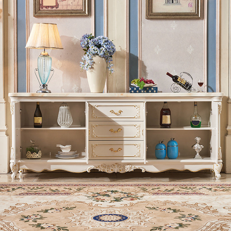 Glam 2-door Sideboard in White Solid Wood with Marble for Living Room