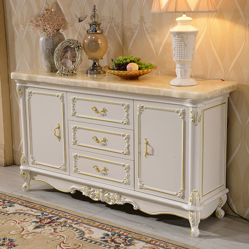 Glam 2-door Sideboard in White Solid Wood with Marble for Living Room