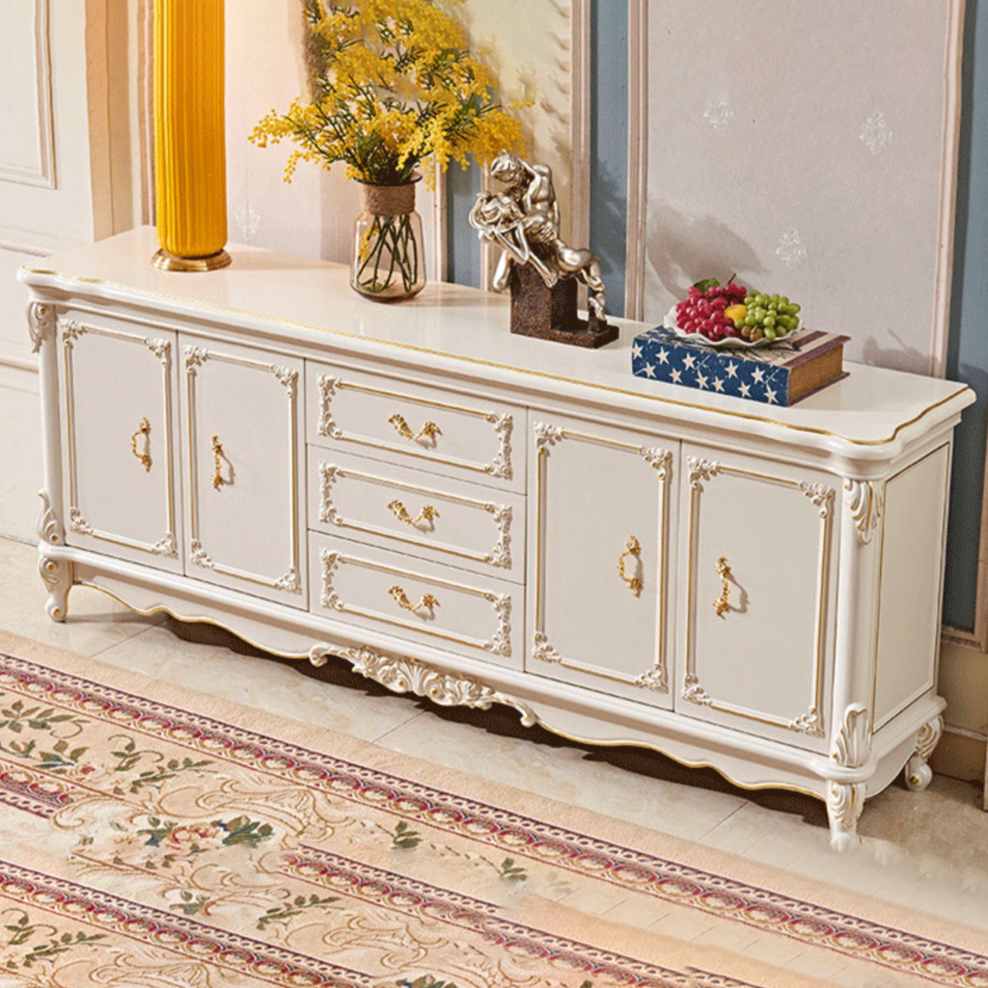 Glam 2-door Sideboard in White Solid Wood with Marble for Living Room