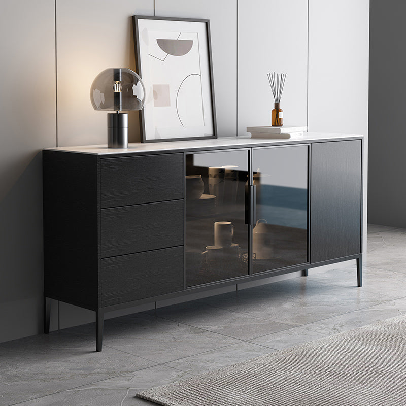 Contemporary Sideboard Black Wood No Distressing with 3 Drawers Cabinets Included Credenza