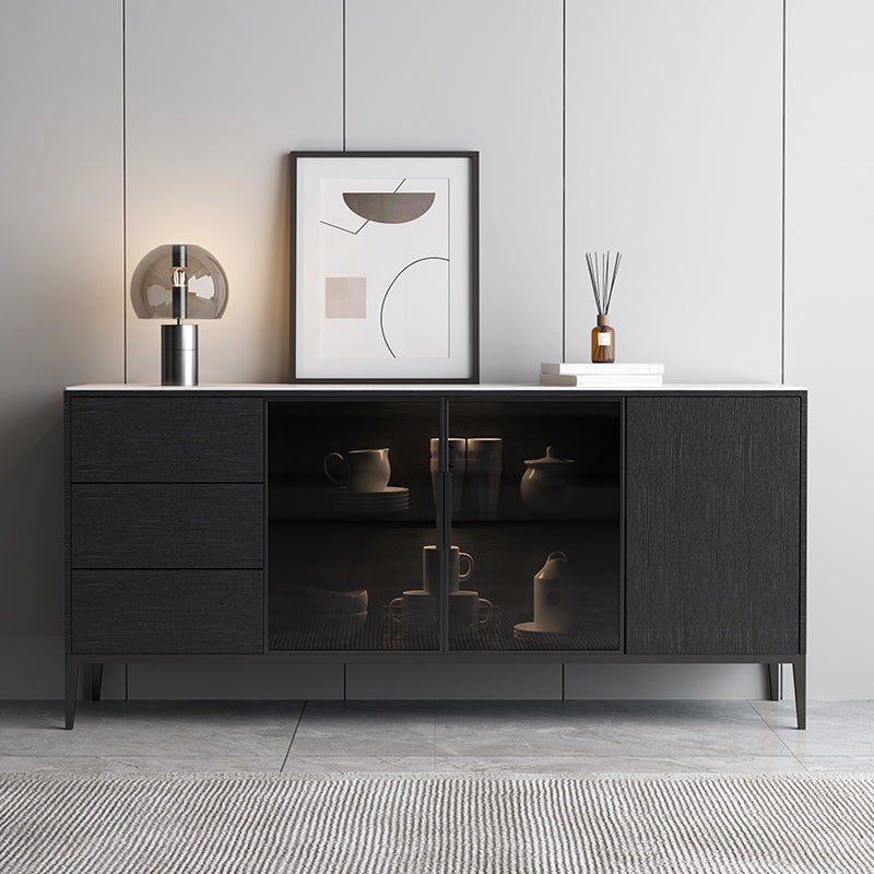 Contemporary Sideboard Black Wood No Distressing with 3 Drawers Cabinets Included Credenza