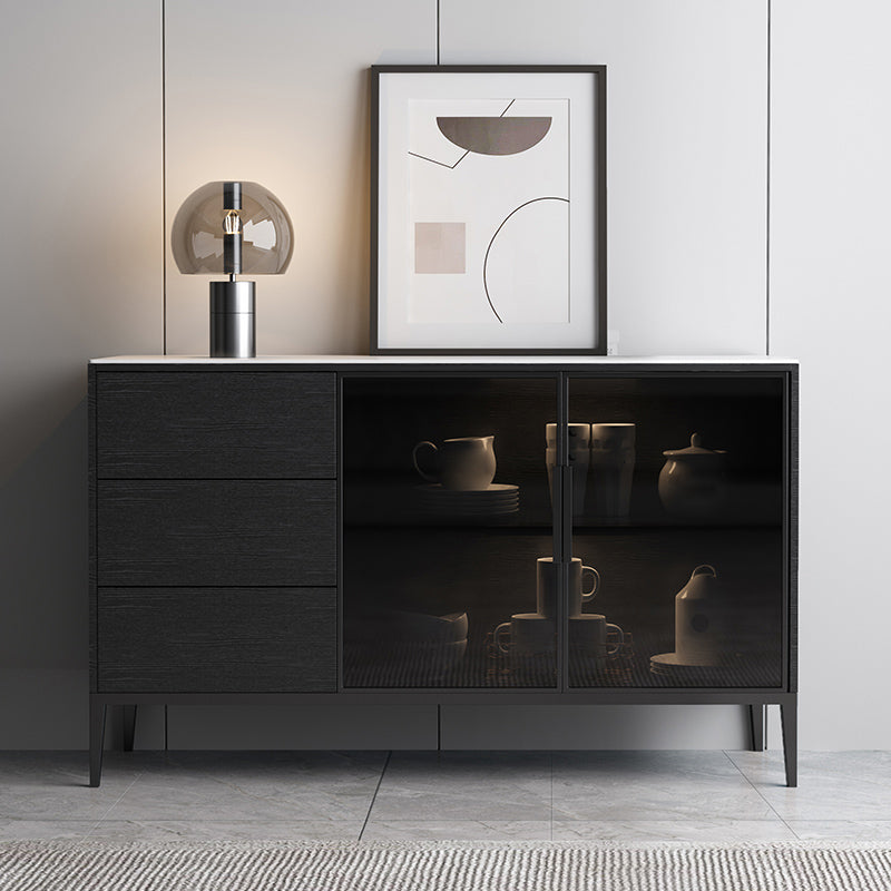 Contemporary Sideboard Black Wood No Distressing with 3 Drawers Cabinets Included Credenza