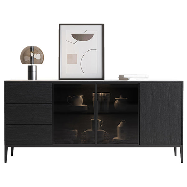 Contemporary Sideboard Black Wood No Distressing with 3 Drawers Cabinets Included Credenza