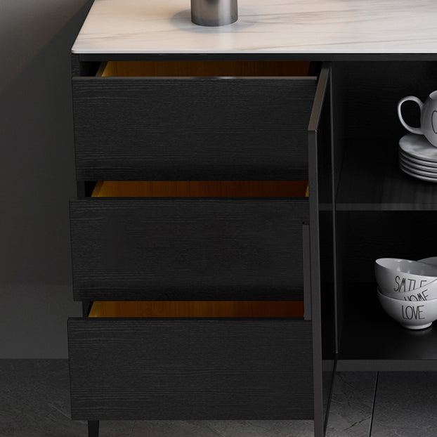 Contemporary Sideboard Black Wood No Distressing with 3 Drawers Cabinets Included Credenza