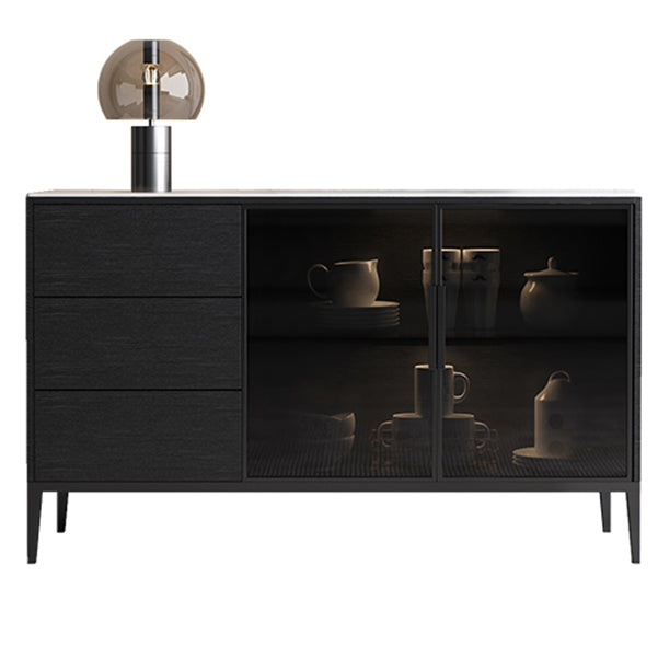 Contemporary Sideboard Black Wood No Distressing with 3 Drawers Cabinets Included Credenza