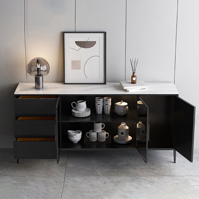 Contemporary Sideboard Black Wood No Distressing with 3 Drawers Cabinets Included Credenza