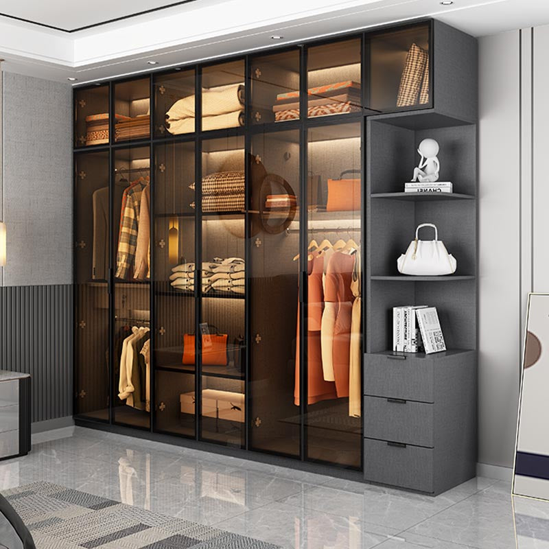 Contemporary Style Glass Wardrobe Soft Close Door Wardrobe Closet for Bedroom