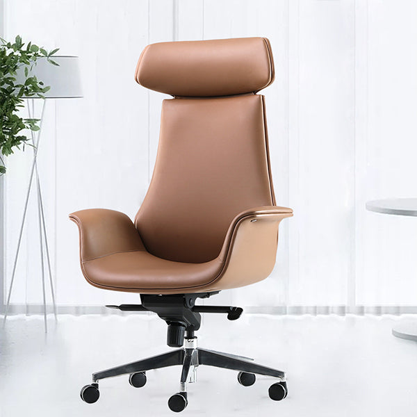 Contemporary Arm Chair Fixed Arms Adjustable Seat Height Brown Leather Office Chair