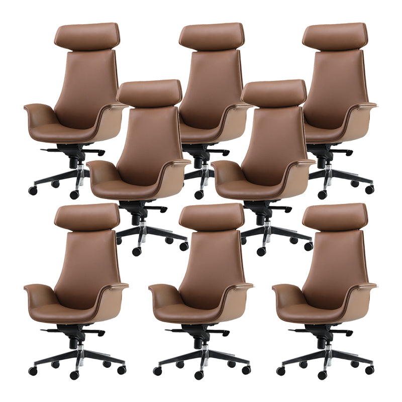 Contemporary Arm Chair Fixed Arms Adjustable Seat Height Brown Leather Office Chair