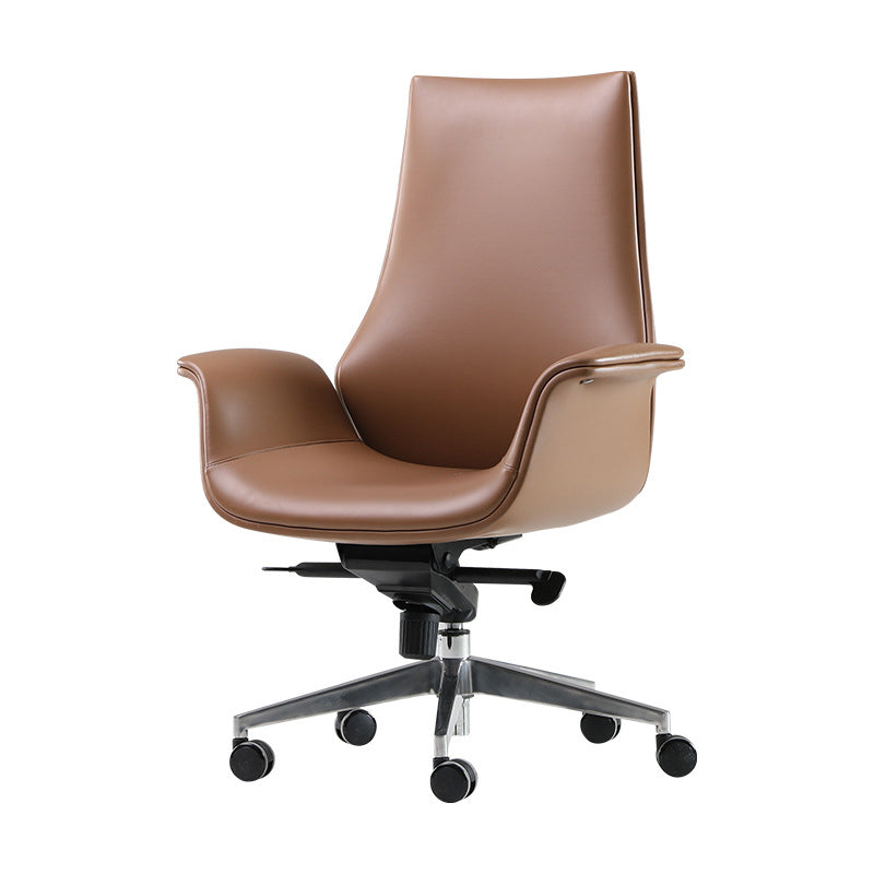 Contemporary Arm Chair Fixed Arms Adjustable Seat Height Brown Leather Office Chair