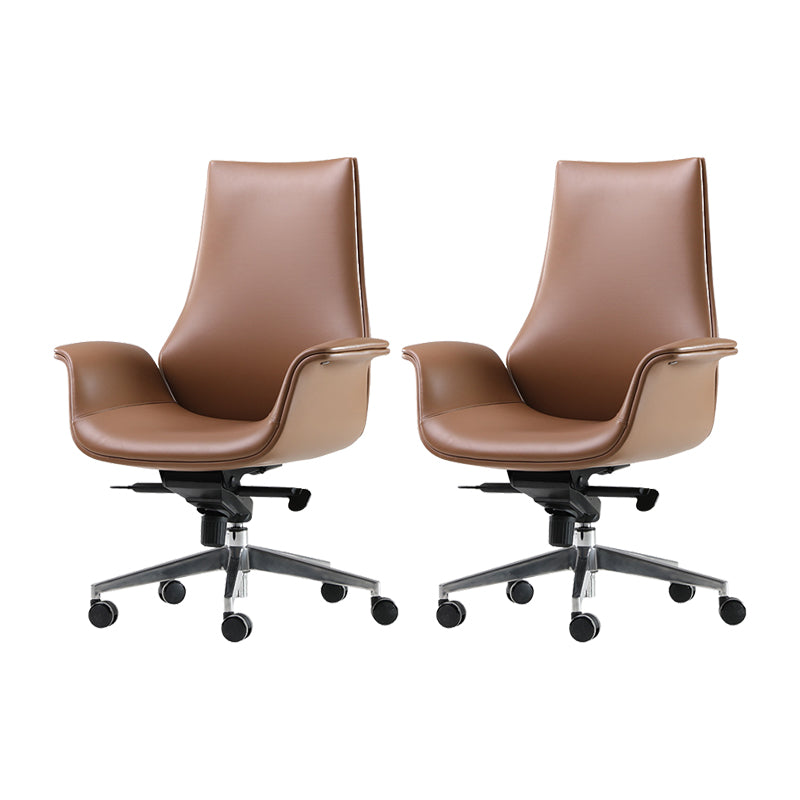 Contemporary Arm Chair Fixed Arms Adjustable Seat Height Brown Leather Office Chair