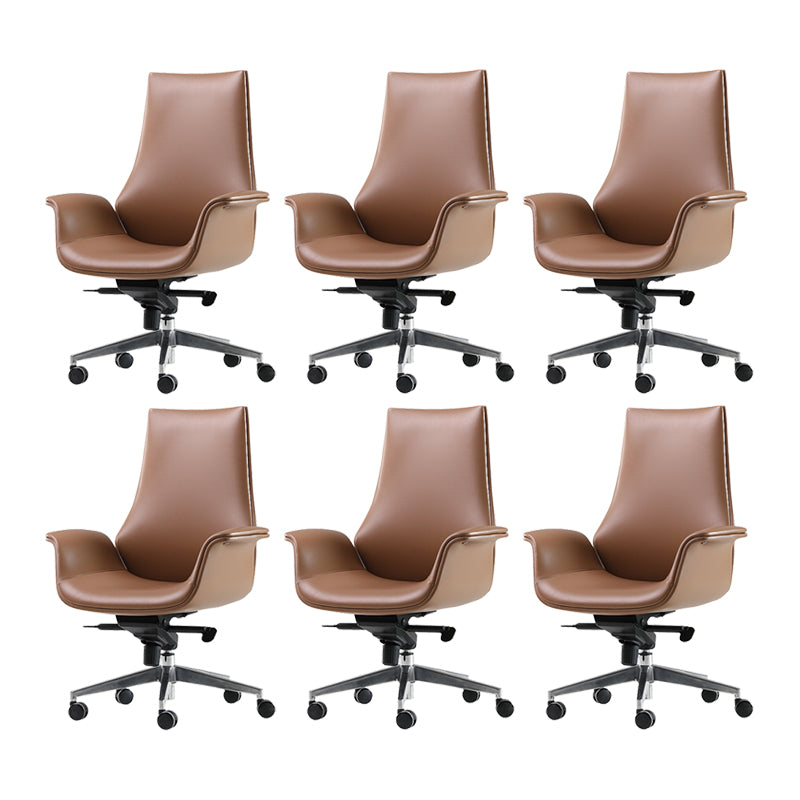 Contemporary Arm Chair Fixed Arms Adjustable Seat Height Brown Leather Office Chair