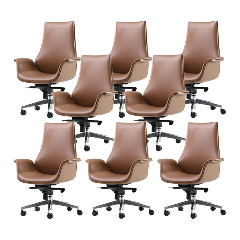 Contemporary Arm Chair Fixed Arms Adjustable Seat Height Brown Leather Office Chair