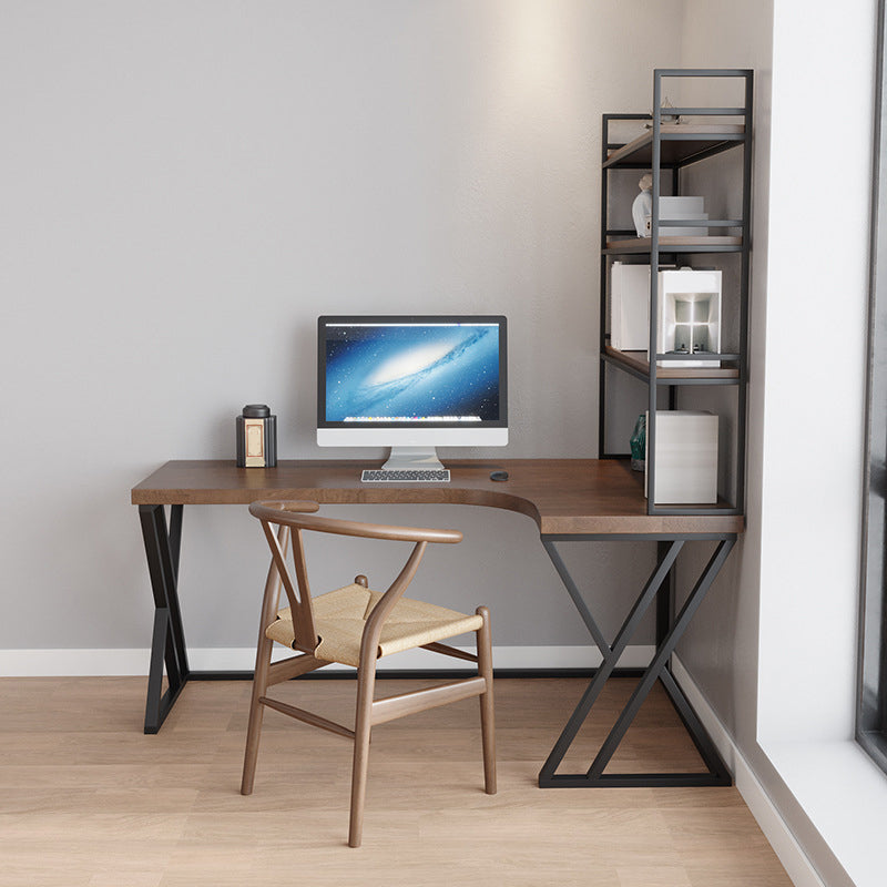 Metal and Wood Corner Writing Desk Industrial Brown Office Office Desk With Bookshelf