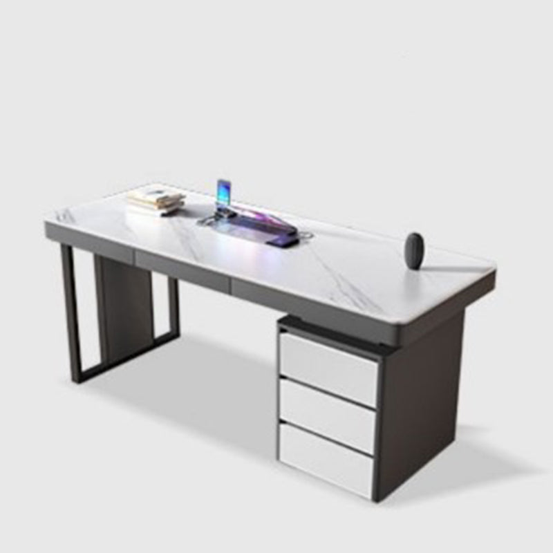 Grey and White Office Desk with File Cabinet Writing Desk Cable Management