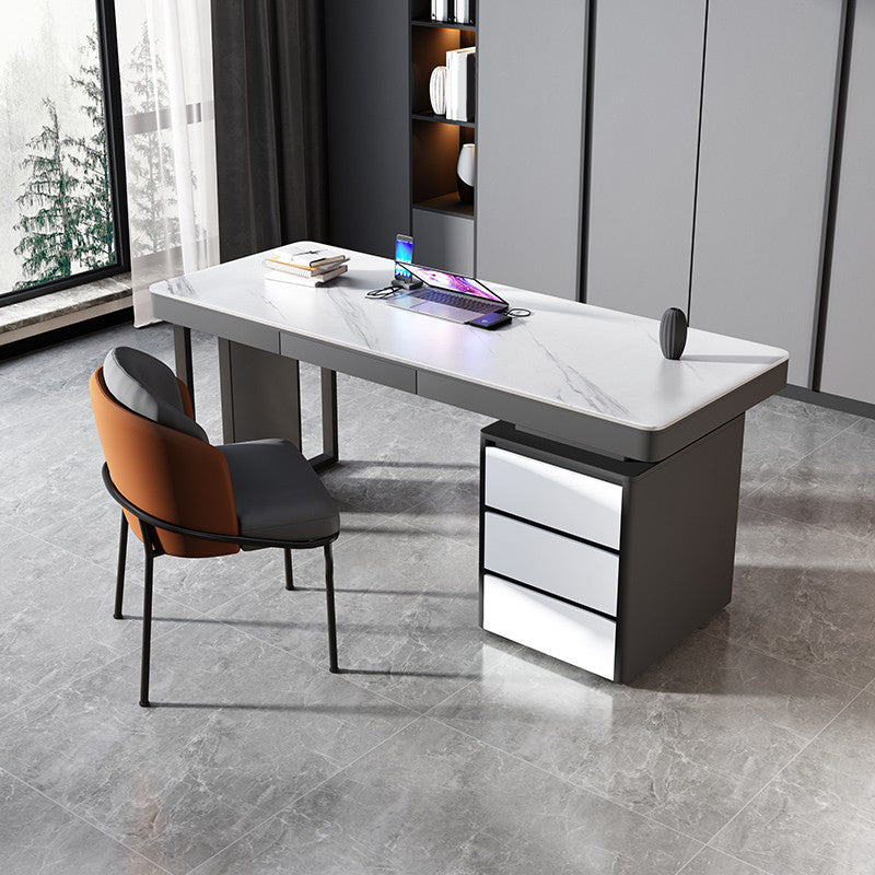 Grey and White Office Desk with File Cabinet Writing Desk Cable Management