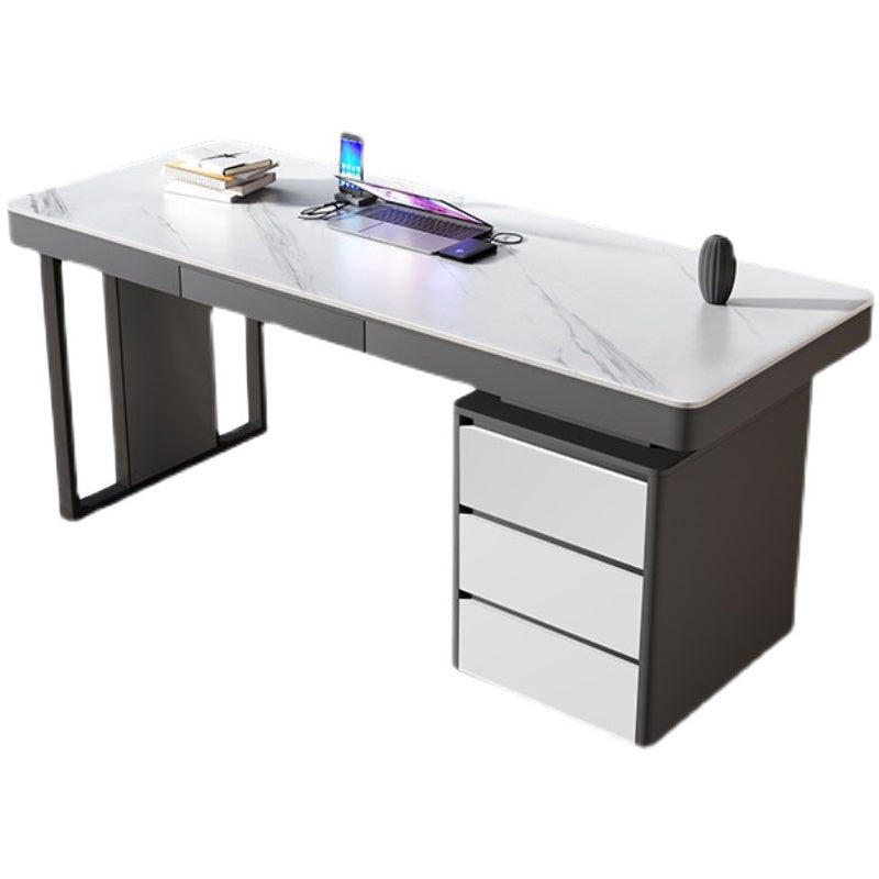 Grey and White Office Desk with File Cabinet Writing Desk Cable Management