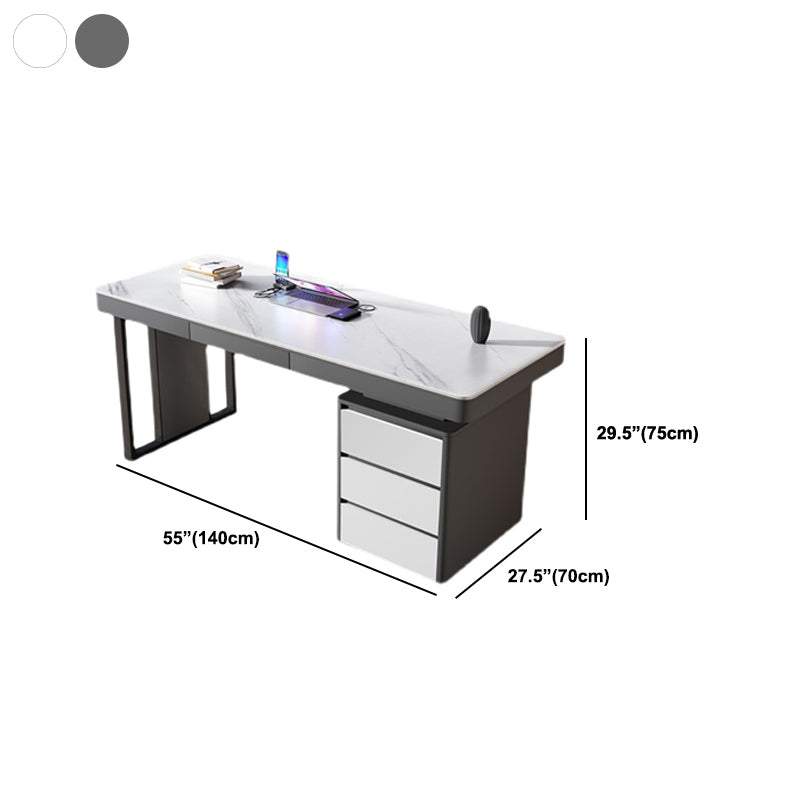 Grey and White Office Desk with File Cabinet Writing Desk Cable Management