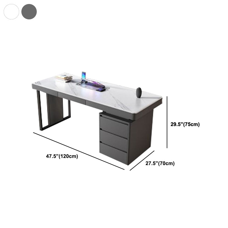 Grey and White Office Desk with File Cabinet Writing Desk Cable Management