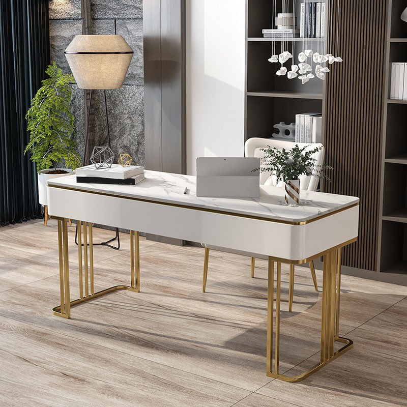 White and Gold Office Desk Glam Sled Writing Desk with Drawer