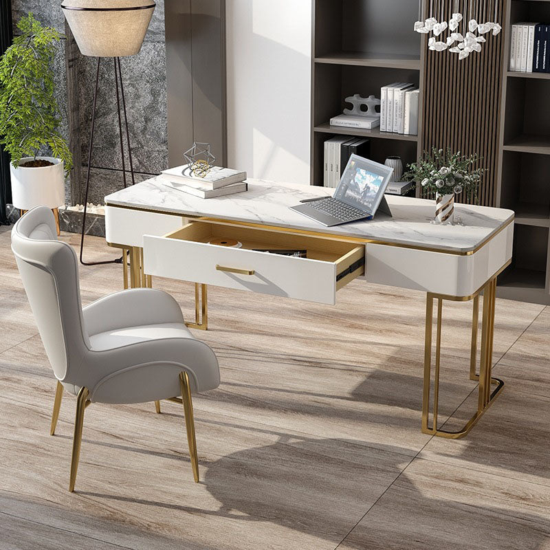 White and Gold Office Desk Glam Sled Writing Desk with Drawer